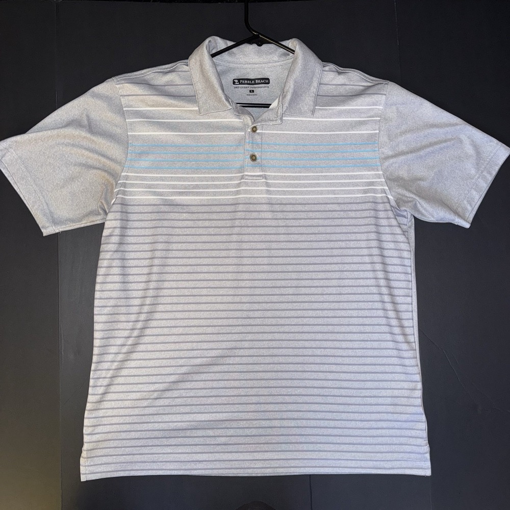 Men's Large Pebble Beach Dry-Luxe Performance Golf Polo Shirt Gray Striped